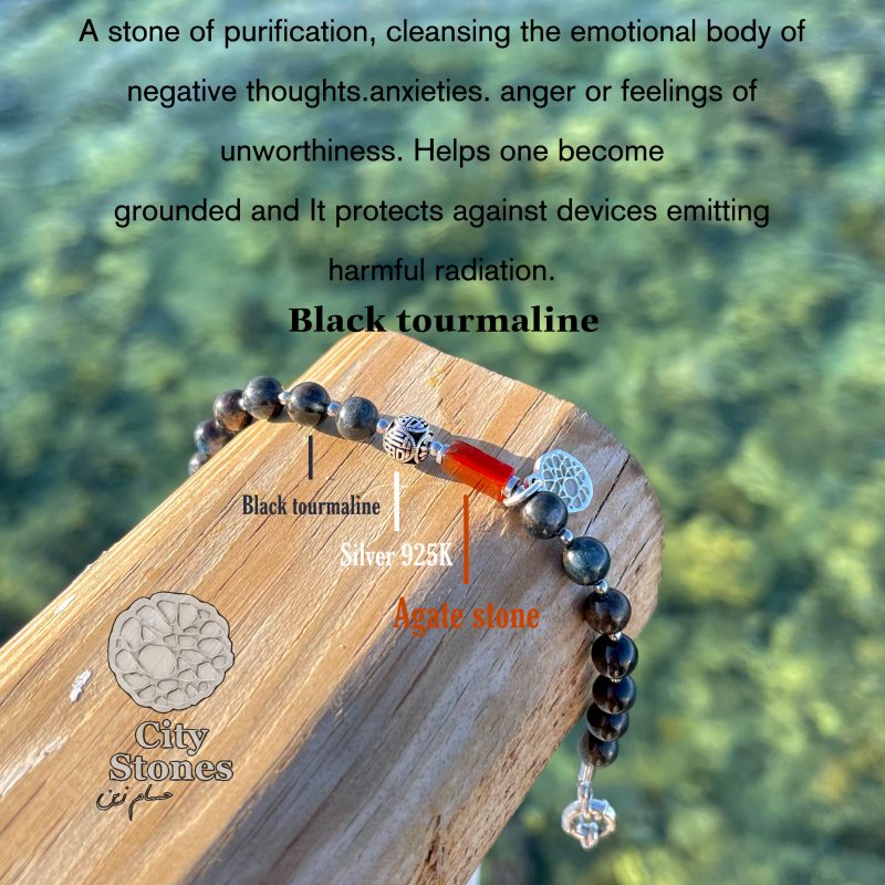 Men's bracelet - black obsidian stone with agate and hematite stone - silver 925K 8mm