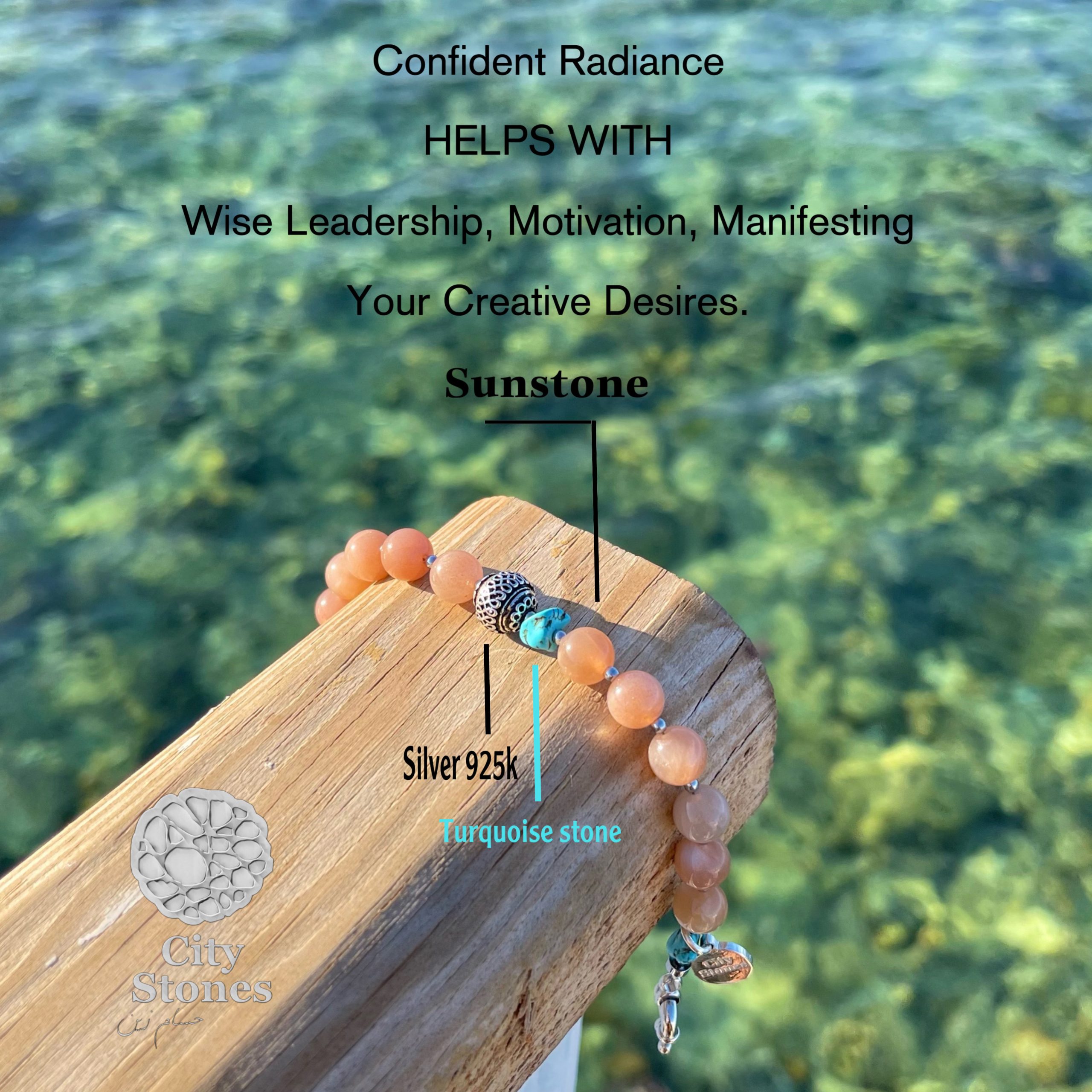 Men's bracelet - sun stone with turquoise stone and hematite stone - silver 925K 8mm